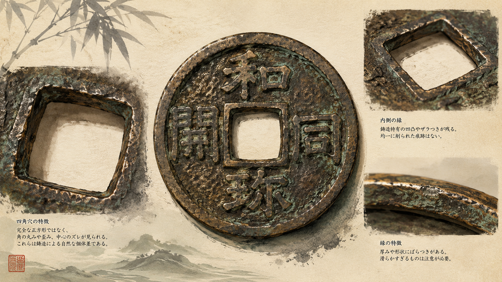 和同開珎（古和同）の穴形状｜四角穴で見分ける判別ポイント