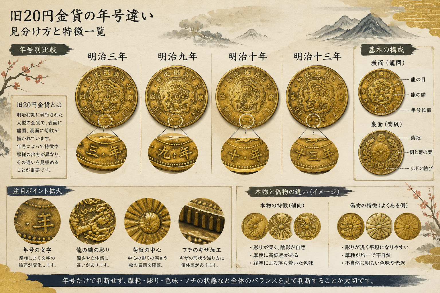 旧20円金貨の年号違い｜見分け方と特徴一覧を鑑定士が解説