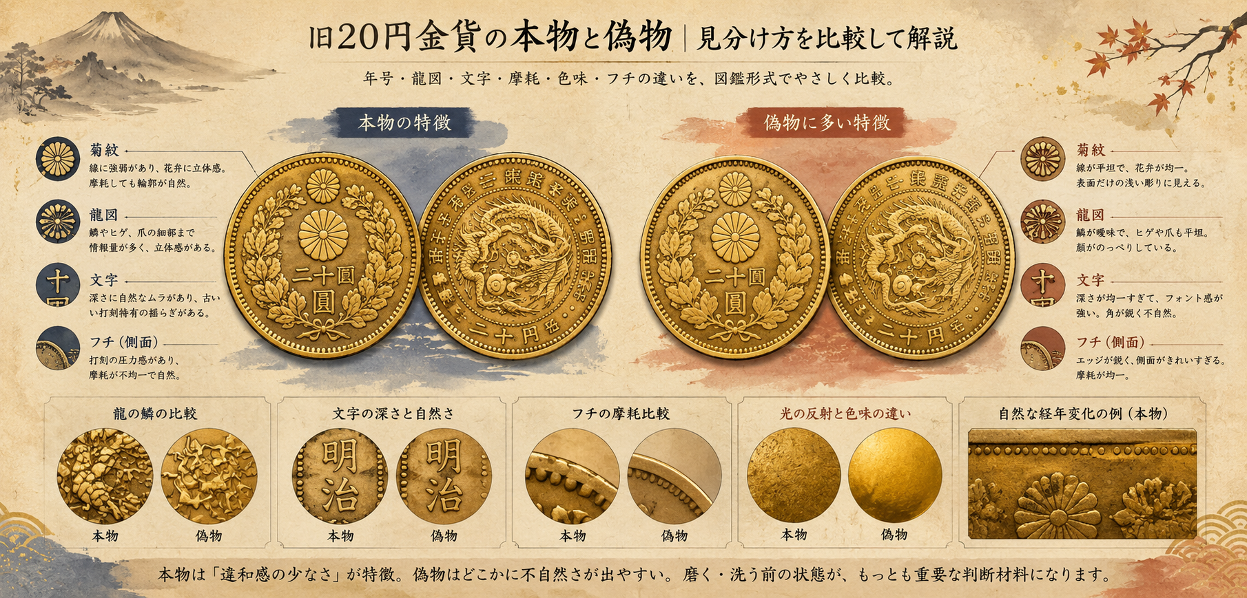 旧20円金貨の本物と偽物｜見分け方を比較して解説
