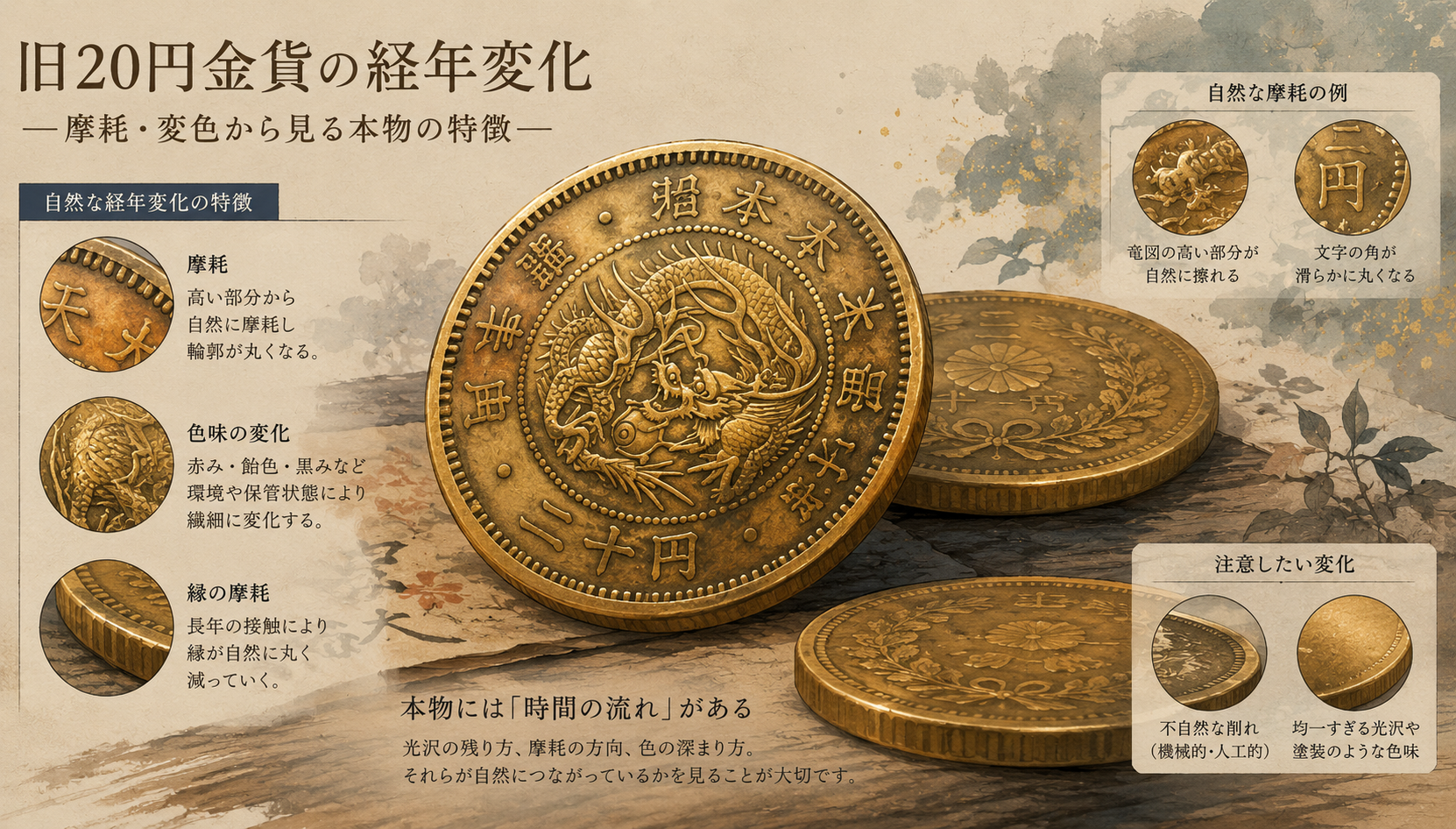 旧20円金貨の経年変化｜摩耗・変色から見る本物の特徴